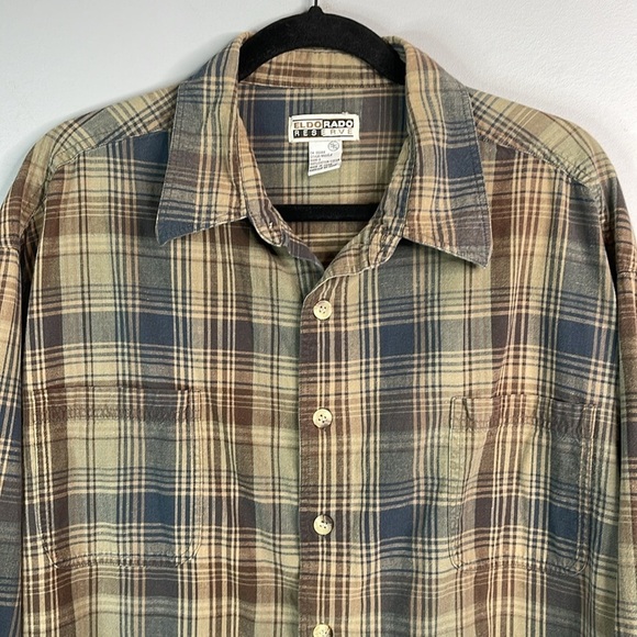 VINTAGE 90s Eldorado Reserve Mens Plaid Button Up Shirt Taupe Blue Cotton XXL - Picture 3 of 12